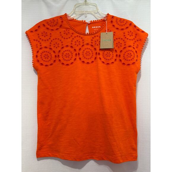 BODEN NWT Eyelet Cutwork Short Sleeve All Cotton Tee Clementine Orange Size 0 - Picture 1 of 6